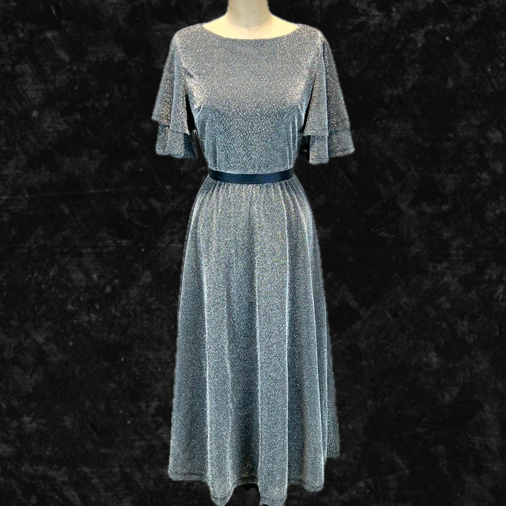 Sparkly silver‎ glittery midi dress tulip butterfly flutter sleeves formal dance